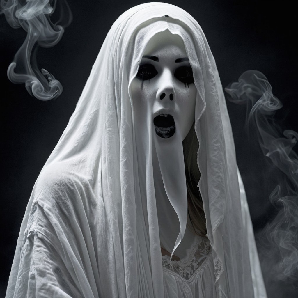 Ghostly Figure in White Garment with Eerie Mask