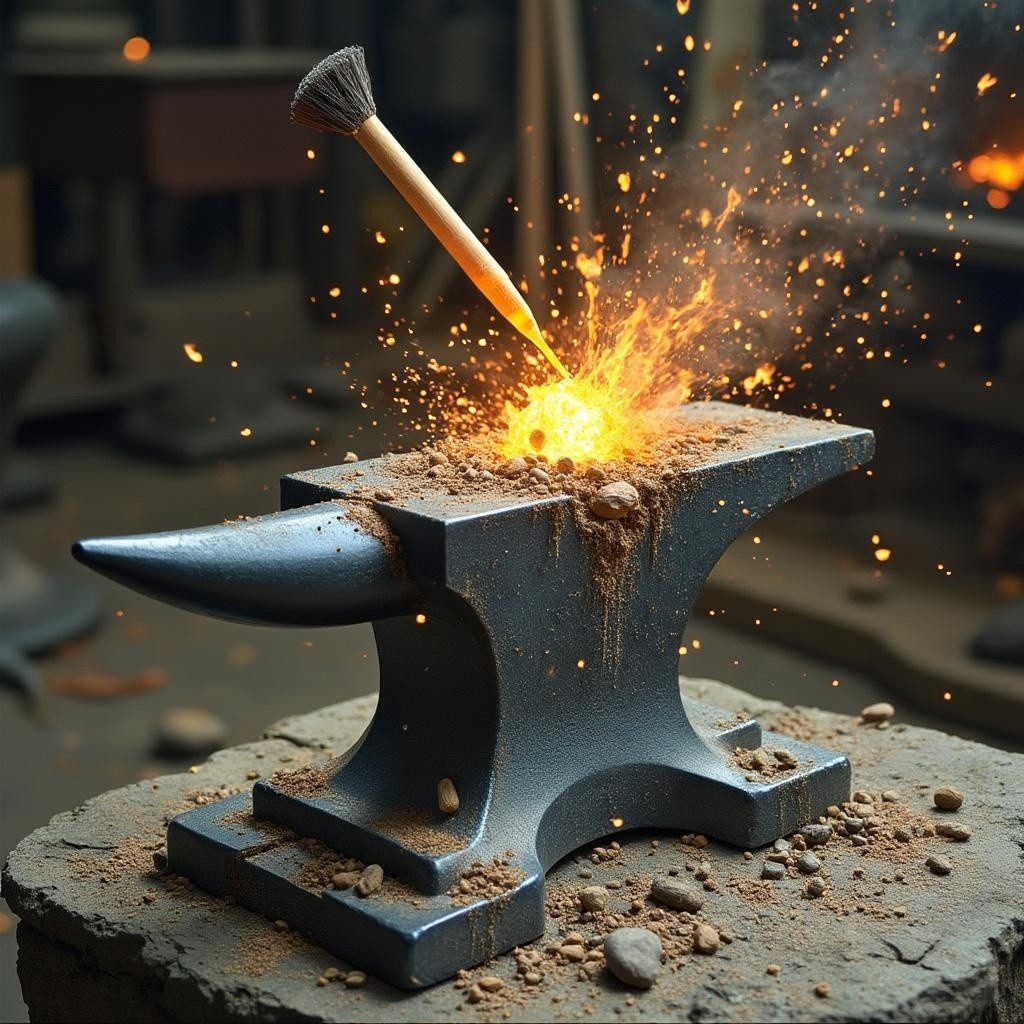 Anvil in Workshop with Sparks and Flames from Metalworking