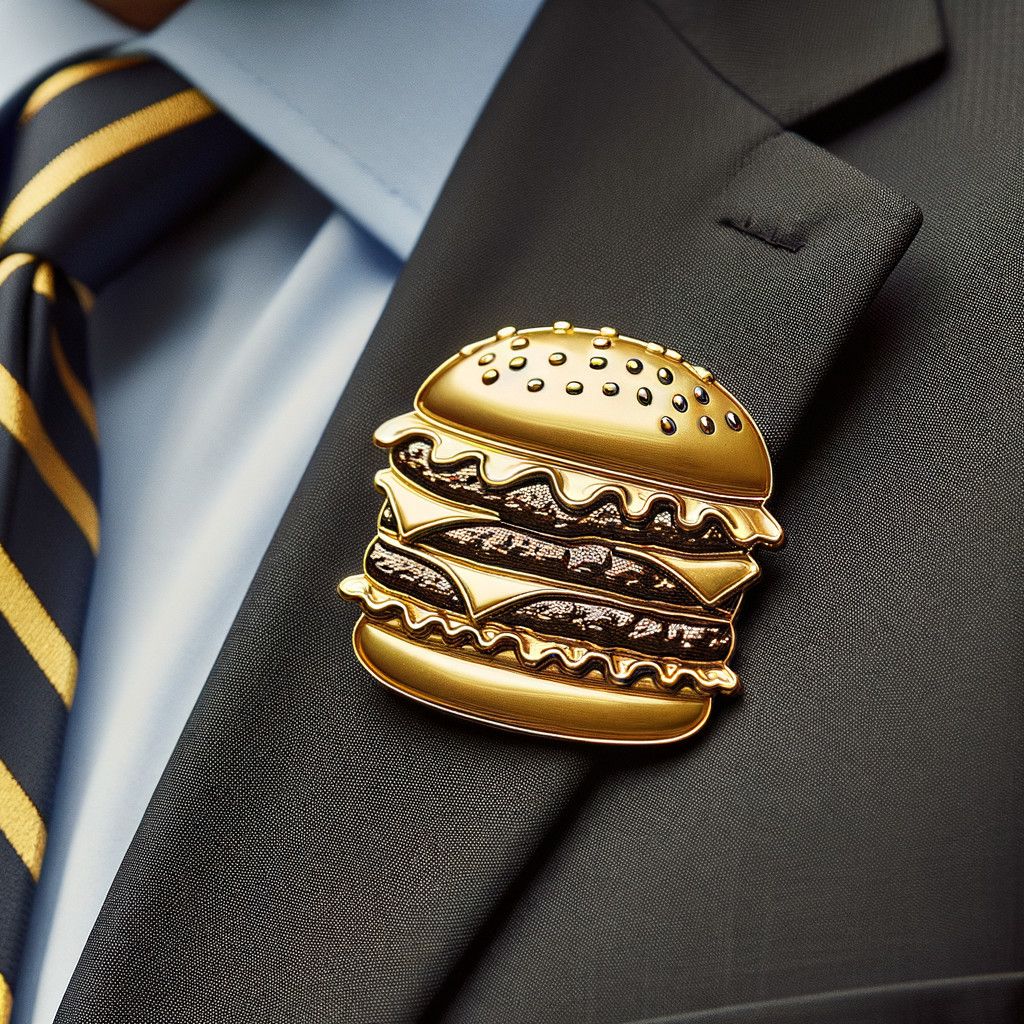 Stylish Hamburger Lapel Pin on Dark Suit Jacket