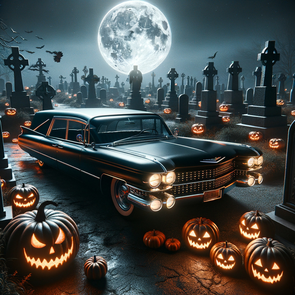 Classic Car in Spooky Graveyard with Pumpkins and Bats