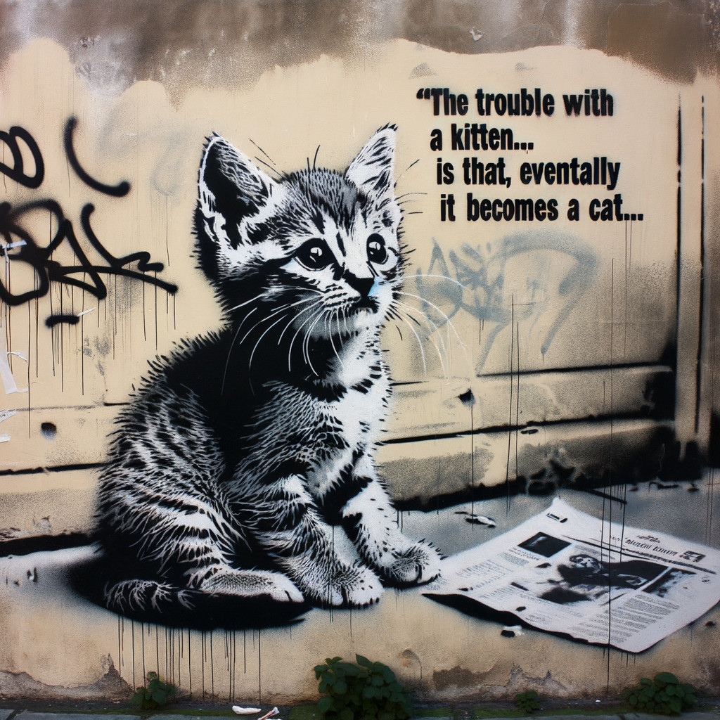 Black and white mural of a kitten on textured wall