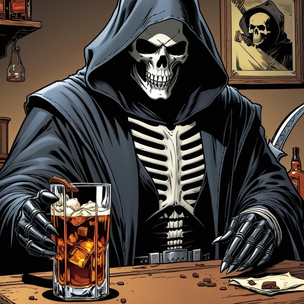 Skeletal Figure in Dark Hood at Moody Bar Scene