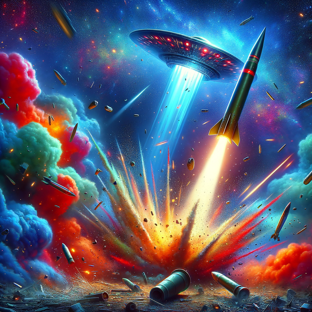 Vibrant Cosmic Scene of Alien Spaceship and Explosion