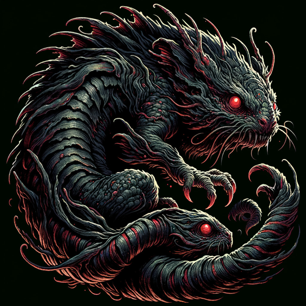 Dark Fantastical Creature with Sinuous Body and Tails