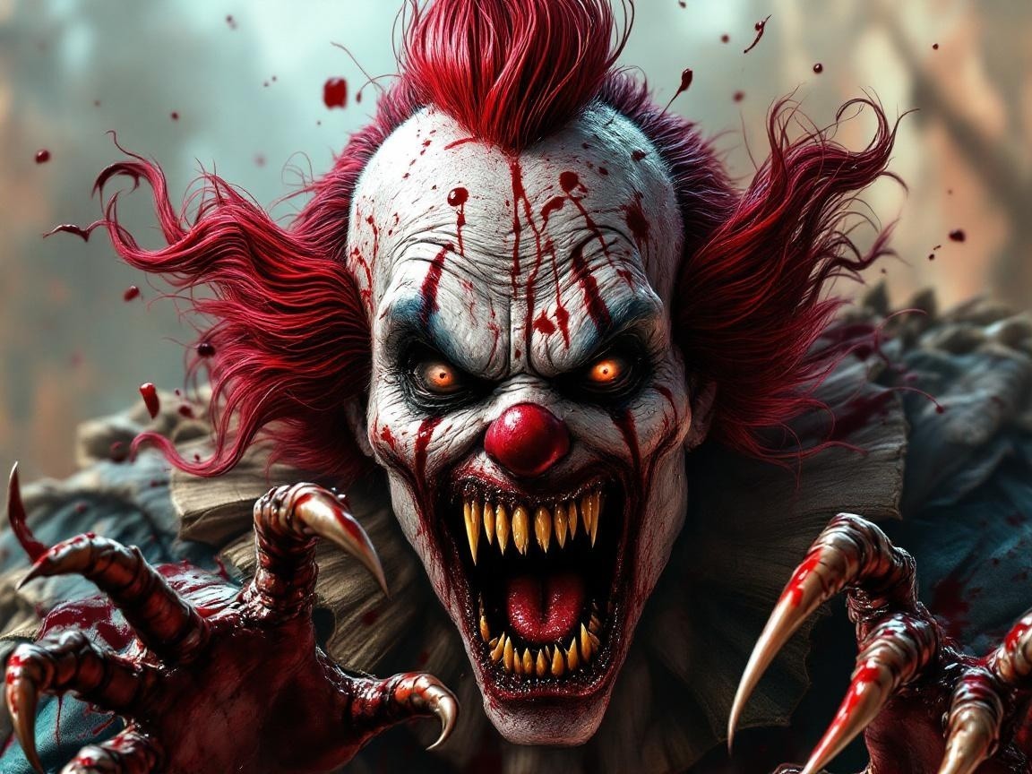 Menacing clown with red hair and sinister features