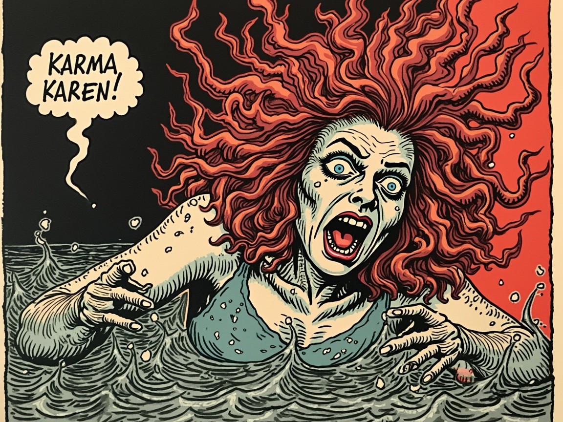 Fierce Woman with Red Hair in Turbulent Waters Illustration