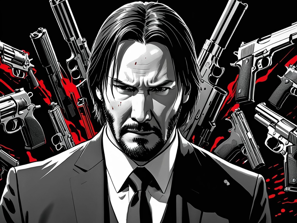 Stylized portrait of a serious man with handguns