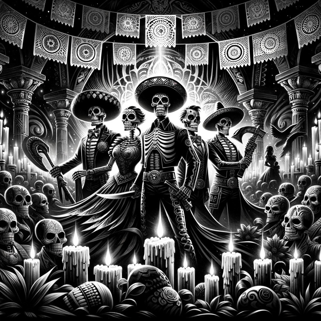 Black-and-white illustration of skeletal figures in attire
