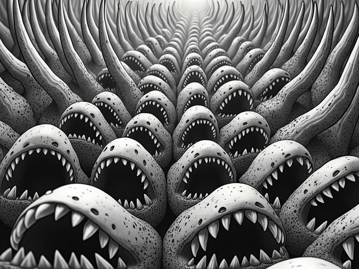 Surreal Landscape with Menacing Creature Heads