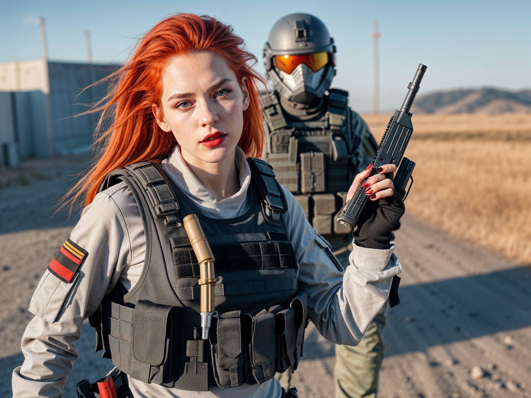 Woman in Tactical Gear with Firearm in Rugged Landscape