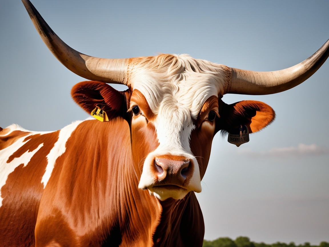 Close-up of a brown and white cow with horns