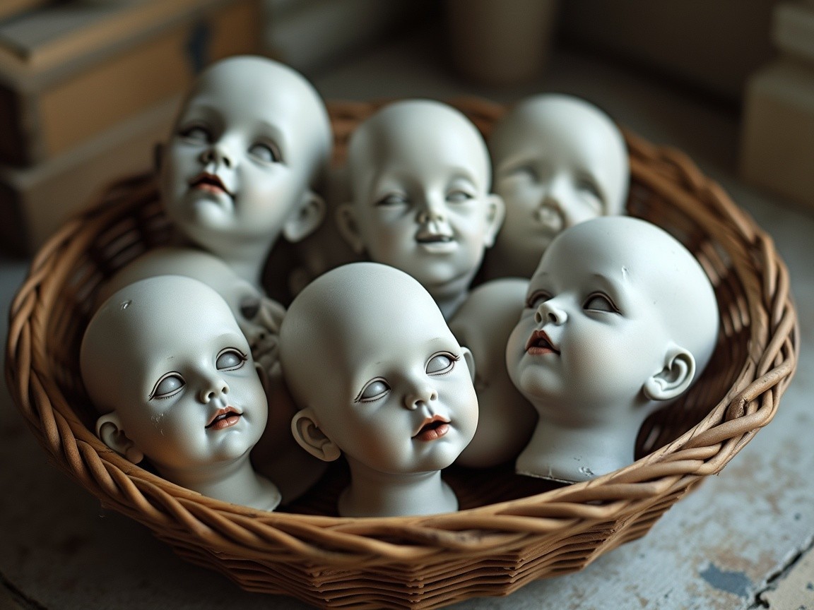 Woven Basket with Unpainted Doll Heads in Soft Light