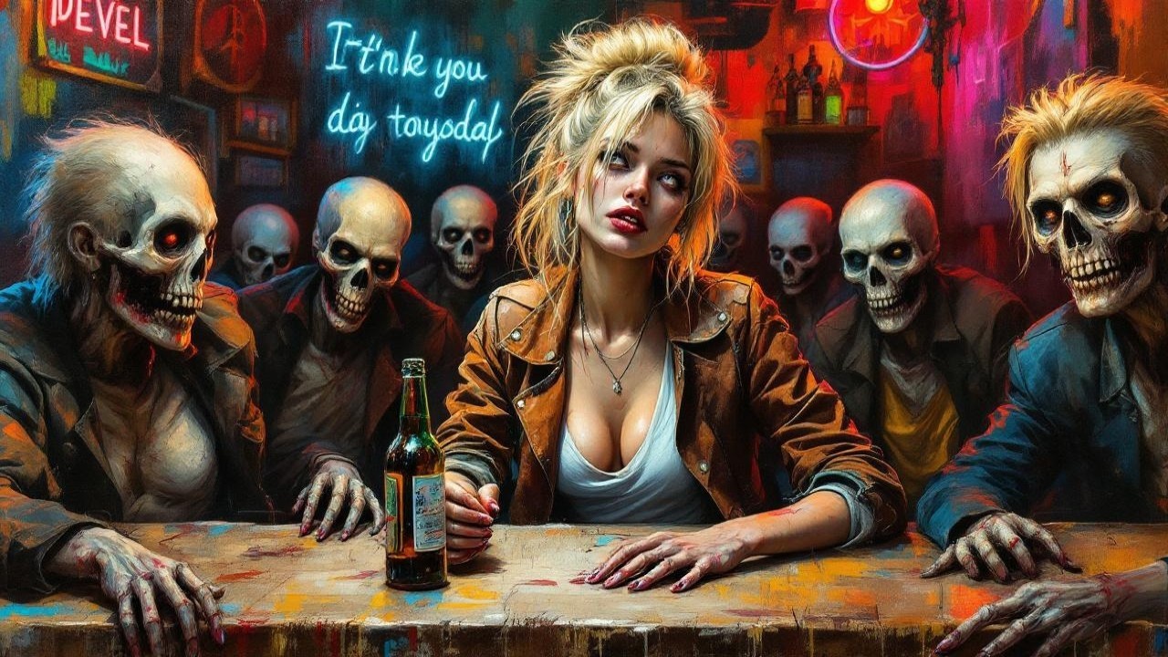 Young woman in a bar with skeletal figures and neon lights