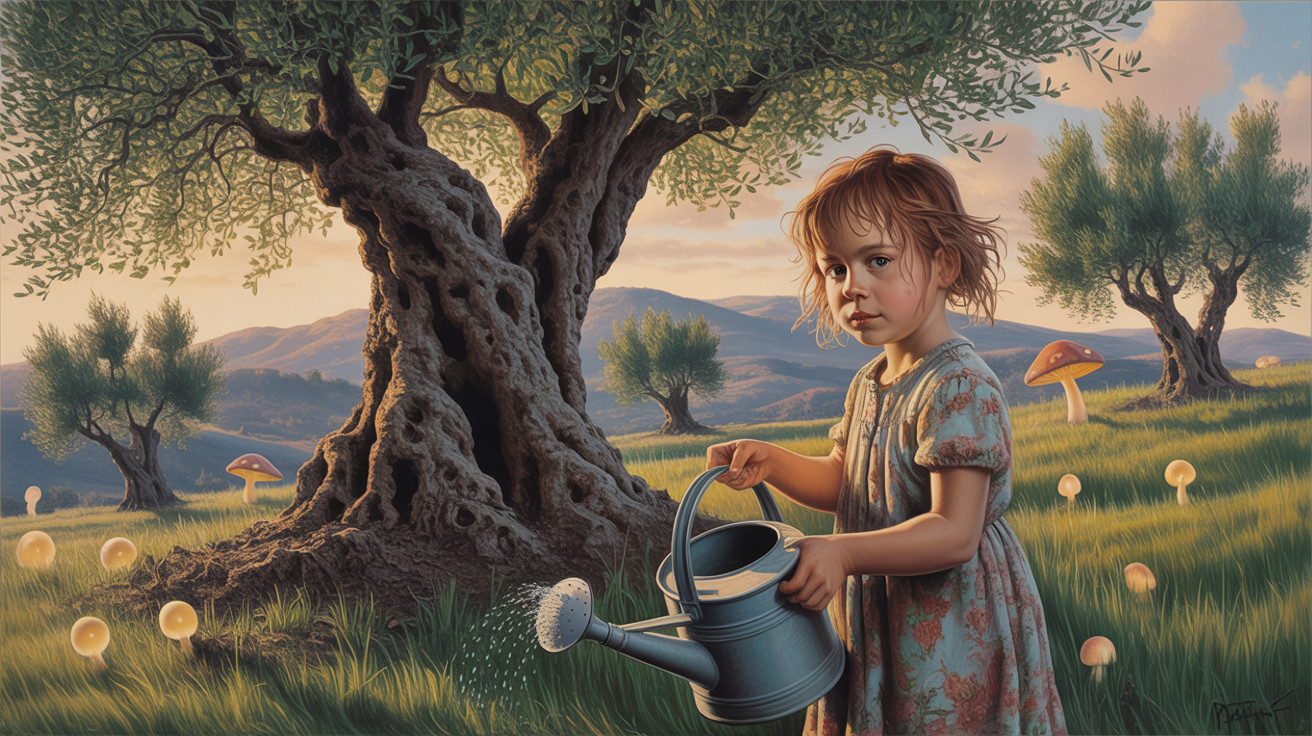 Young girl watering a meadow by an olive tree