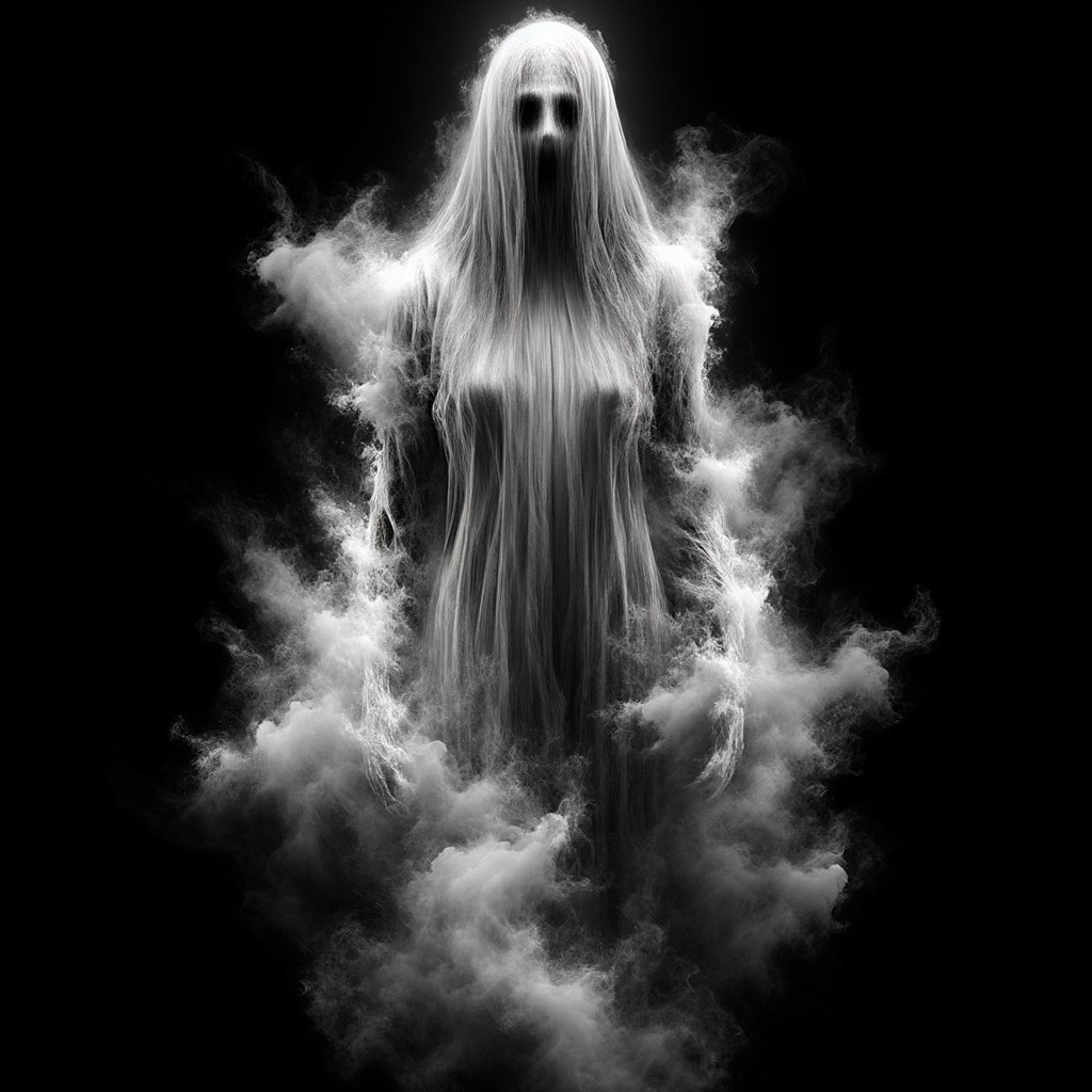 Ethereal Ghostly Figure in Swirling Fog and Shadows