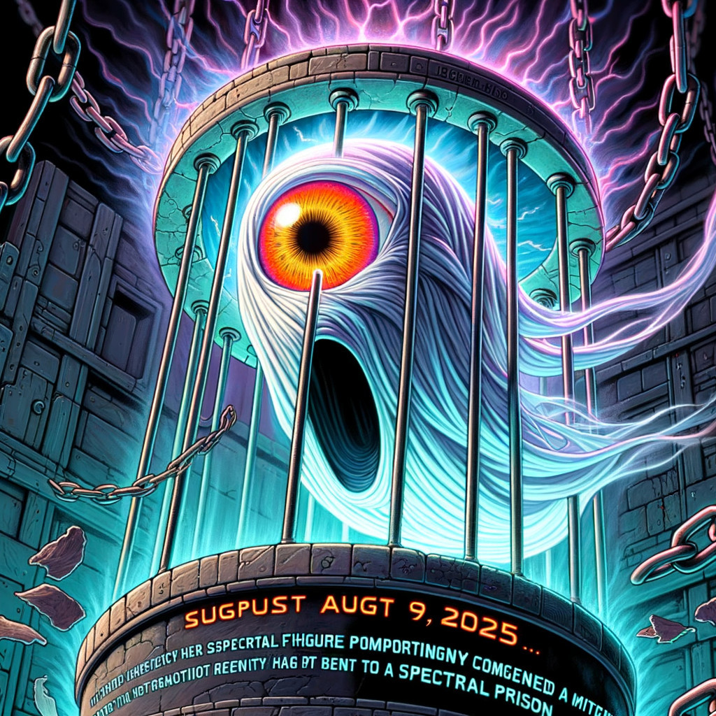 Surreal Illustration of a Ghostly Entity in a Cage
