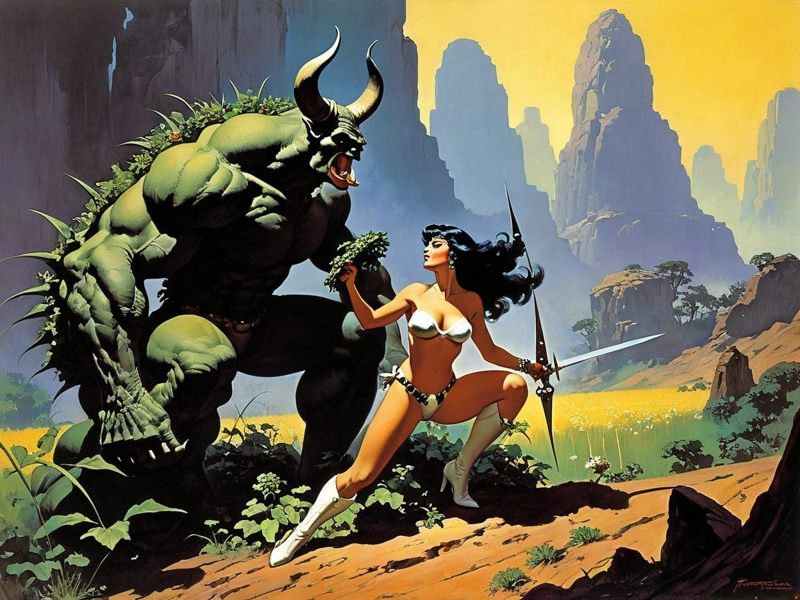 Fantasy Landscape with Warrior and Green Creature