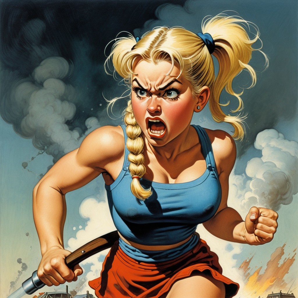 Young Woman with Weapon in Chaotic Background