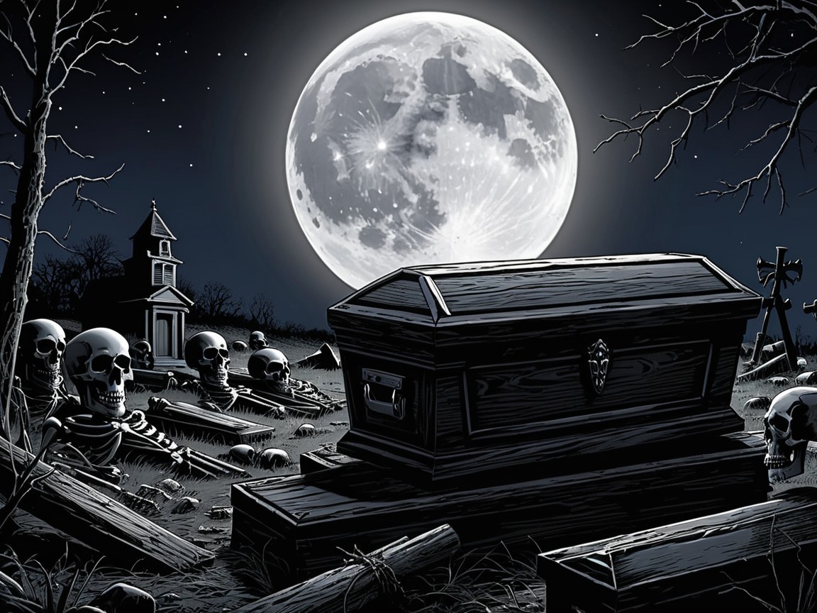 Eerie Graveyard Scene with Moonlit Shadows and Coffin
