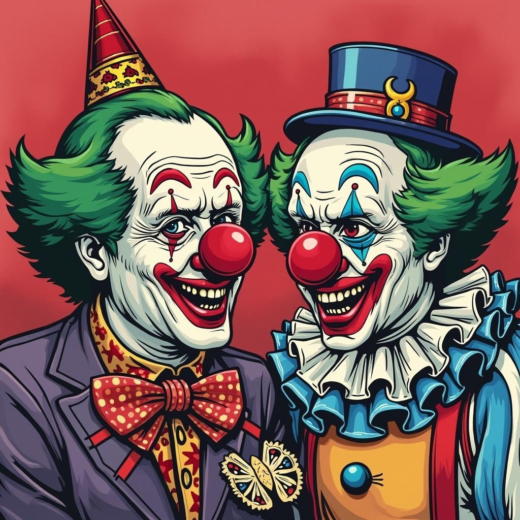 Colorful Clowns in Playful Outfits Against Red Background