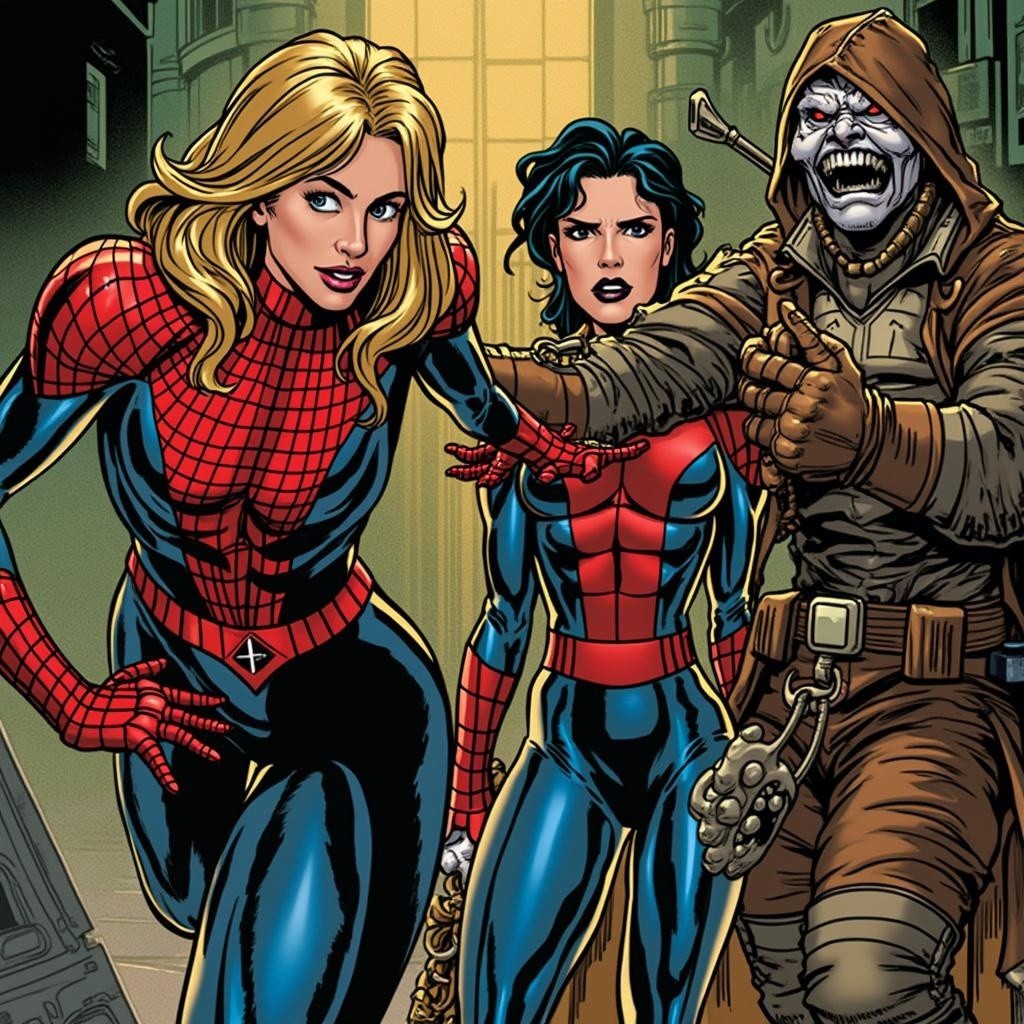 Three Characters in Dynamic Comic Scene with Confrontation