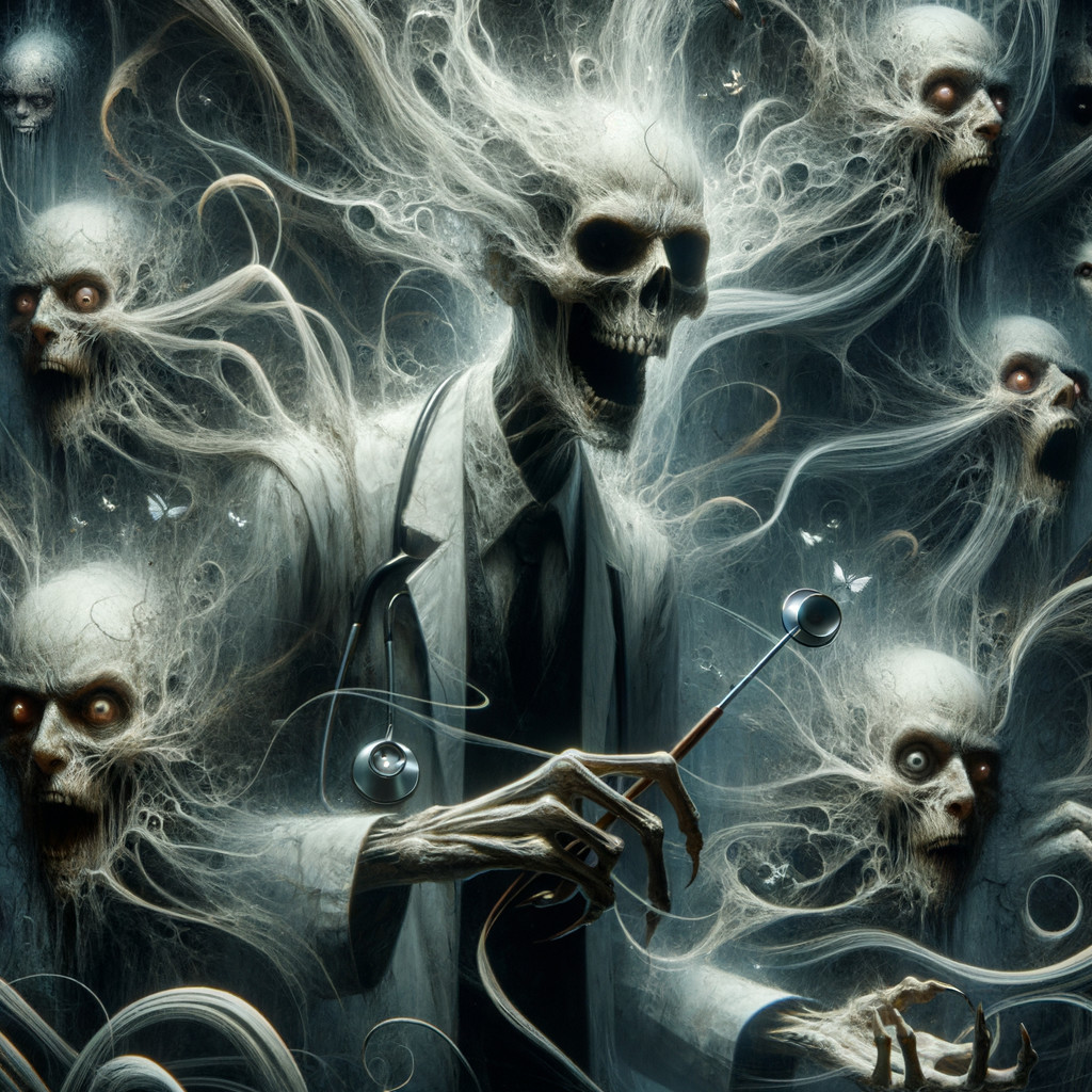 Skeletal Figure in Doctor's Coat Surrounded by Spirits