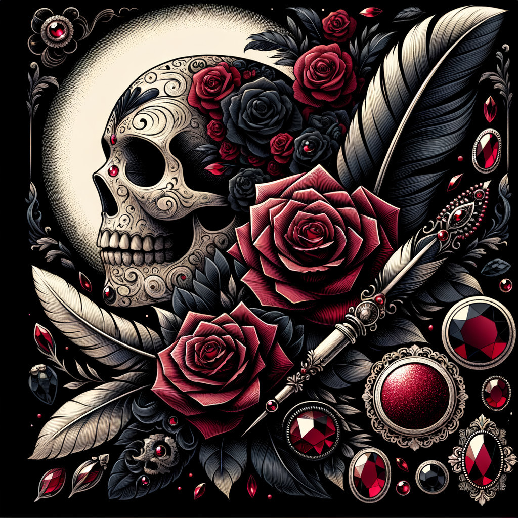 Stylized Skull with Roses and Gemstones on Black Background