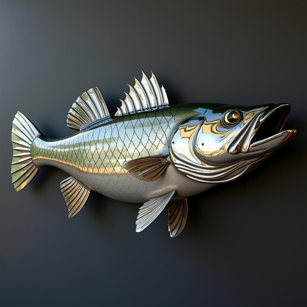 Realistic Metallic Bass Fish Artwork on Dark Wall