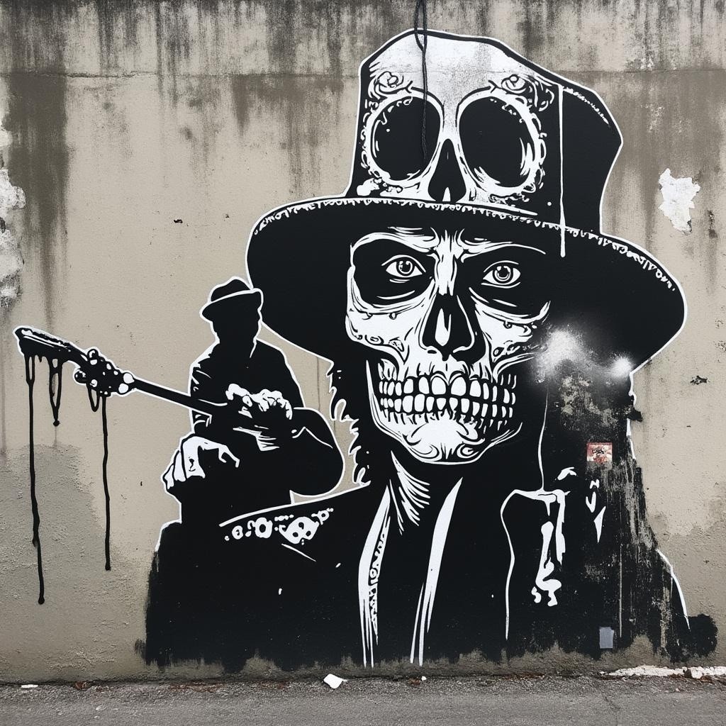 Black-and-White Mural of Skull Figure and Guitarist