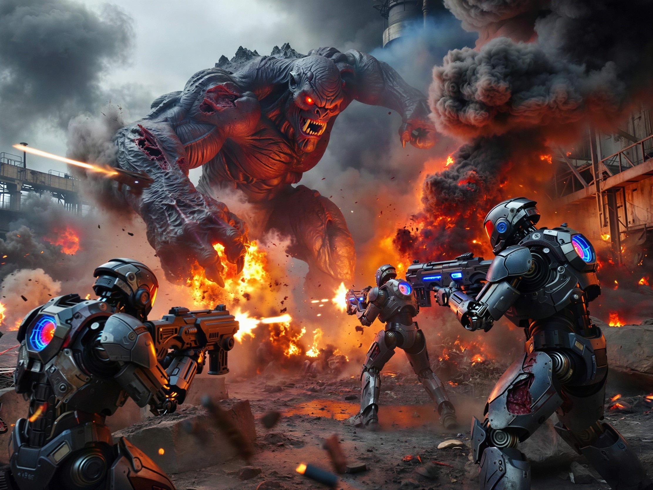 Futuristic soldiers battling a colossal fiery monster