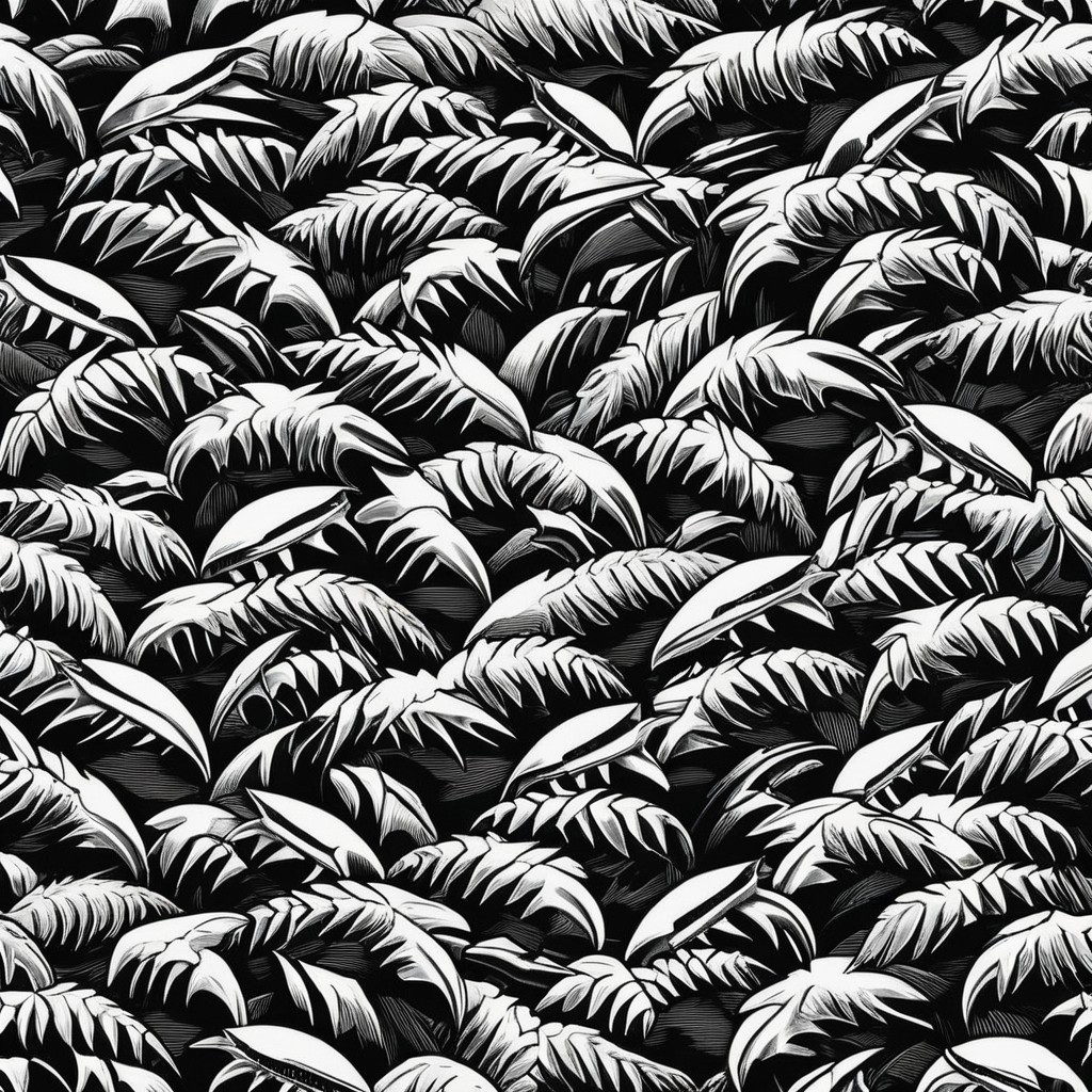 Dense Black and White Tropical Leaves Arrangement