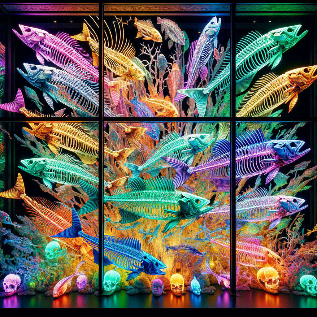 Vibrant Neon Fish Skeletons with Coral and Skulls