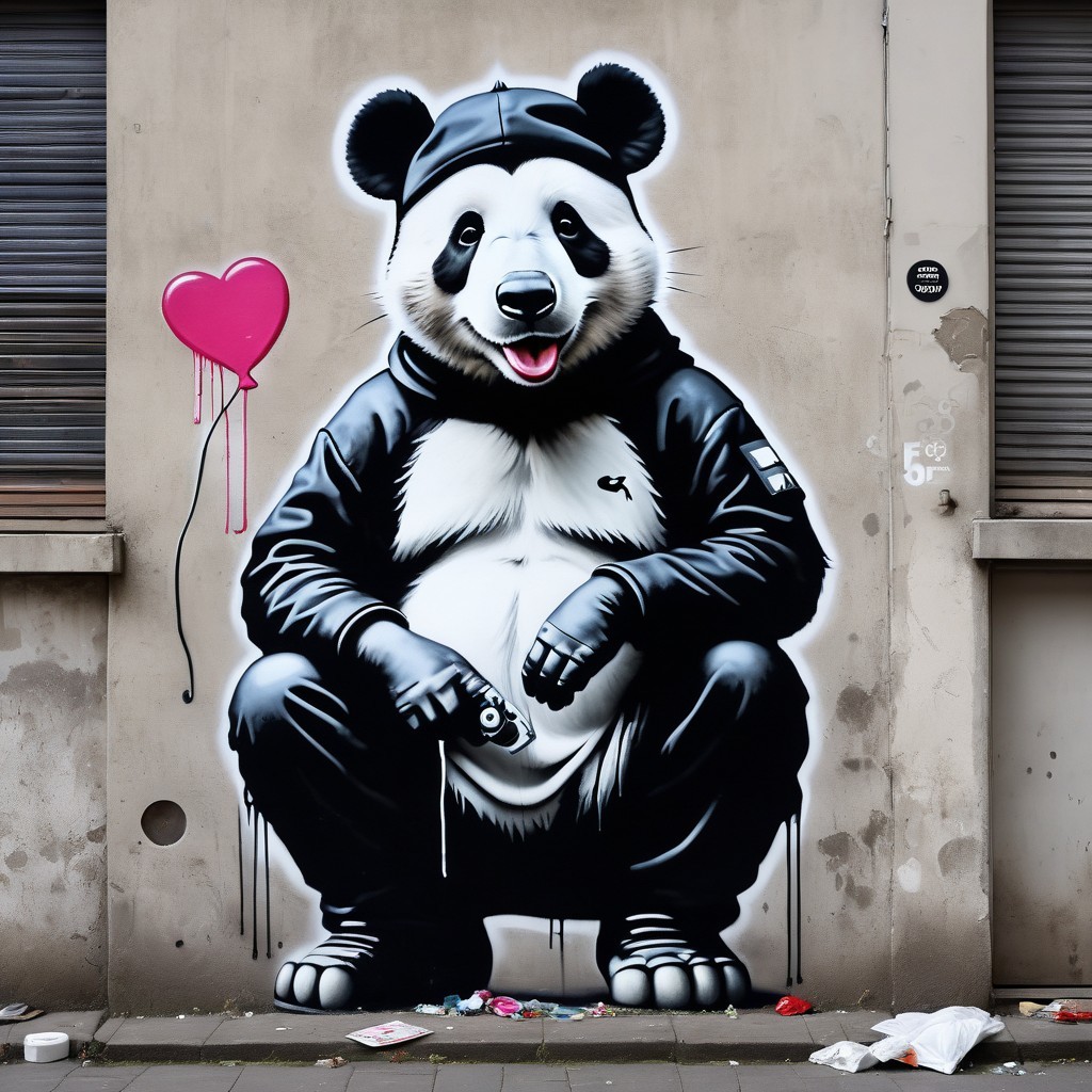 Graffiti Mural of Panda in Hoodie with Heart Balloon