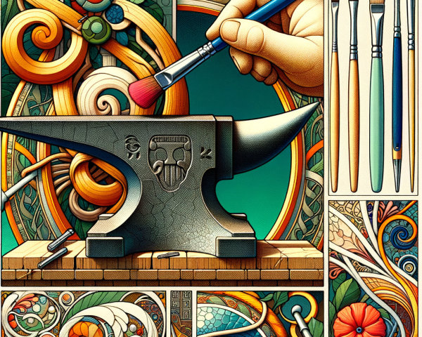 Vibrant Artistic Composition with Anvil and Paintbrushes