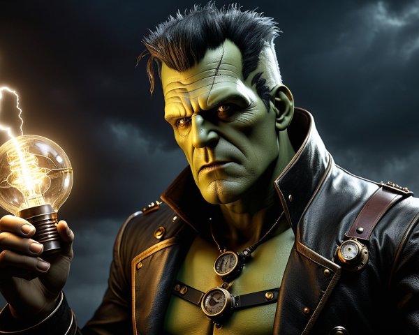 Muscular Green Character with Light Bulb and Stormy Background