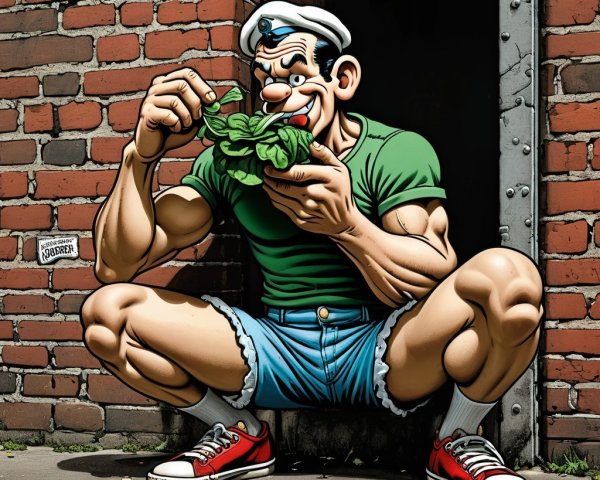 Cartoon sailor squatting with spinach outside brick building
