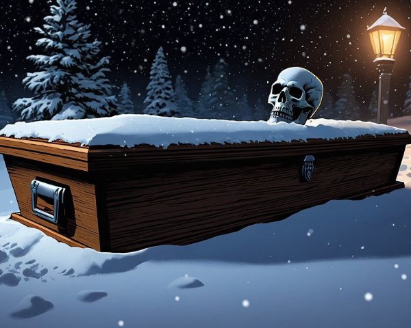 Wooden coffin with skull in snowy landscape scene