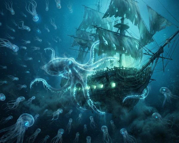 Ghostly Octopus and Bioluminescent Jellyfish in Shipwreck