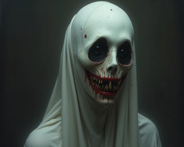 Haunting figure in white veil with skeletal features
