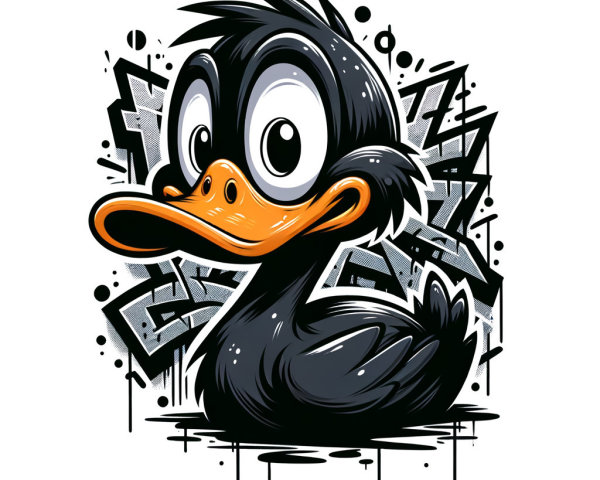 Cartoon Black Duck with Urban Graffiti Elements