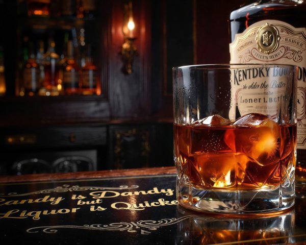 Close-Up of Amber Whiskey with Ice on Bar Counter