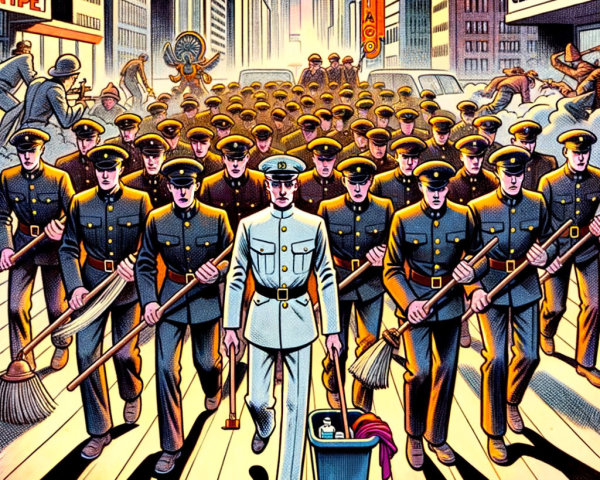 Uniformed March in a Vibrant Cityscape