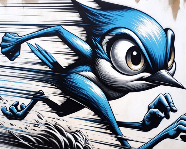 Dynamic Cartoon Mural of a Bluebird in Motion