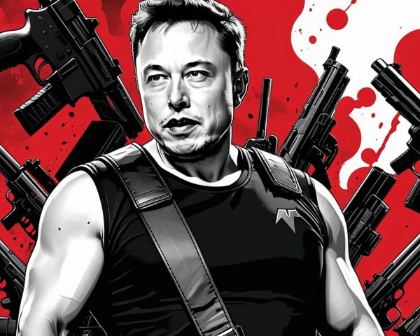 Stylized Artwork of Muscular Man with Firearms