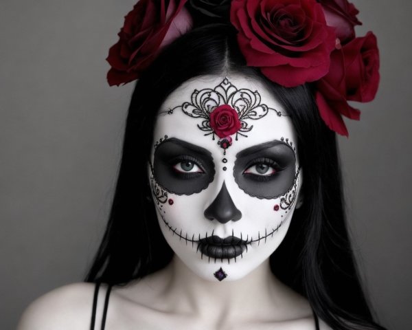 Día de los Muertos Makeup with Skull Design and Roses