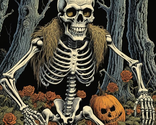 Skeletal Figure Surrounded by Orange Roses and Pumpkin