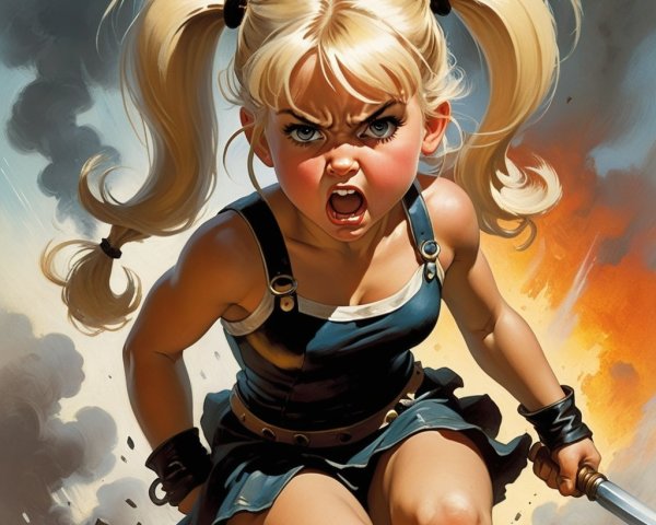 Young girl with sword amidst explosion backdrop