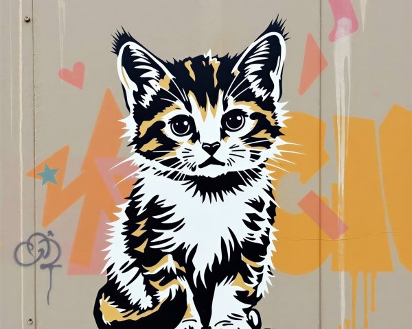 Vibrant Calico Kitten Mural on Beige Wall