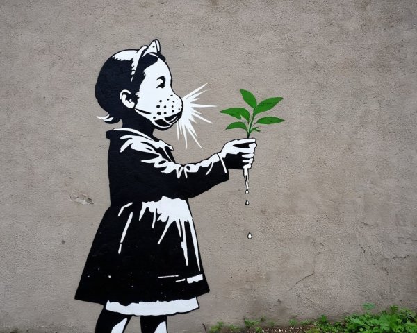 Street Mural of Girl with Mask and Plant Symbolizing Hope