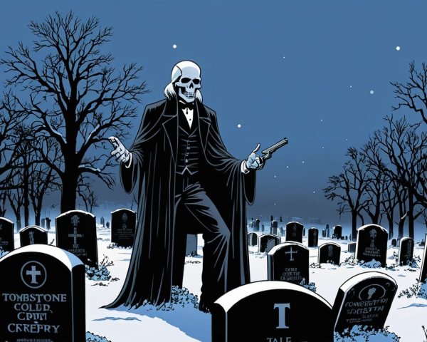 Skeletal Figure in Black Suit in Moonlit Graveyard